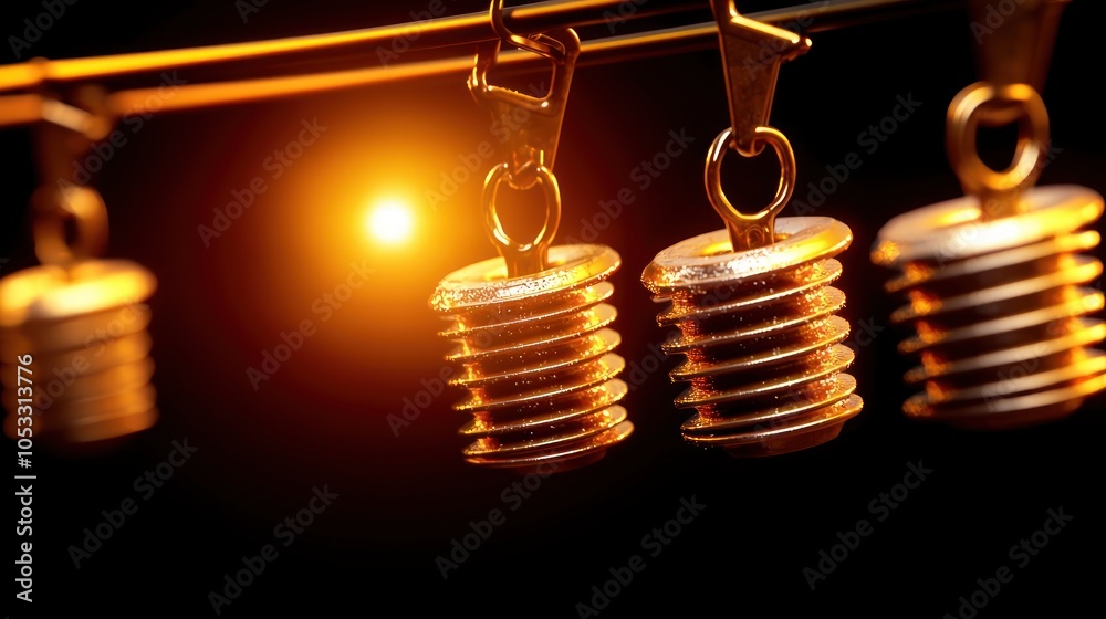 Poster Illuminated metal objects hanging in a row with a warm glow background