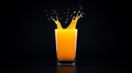 Orange Juice Splash: A glass of orange juice bursts with vibrant energy as it splashes against a dark backdrop. The refreshing image evokes a sense of vitality and refreshment. 