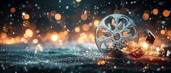 Film reel on sparkling background with glowing bokeh lights, creative cinematic theme