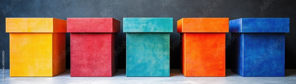 Aufkleber Vibrant colorful boxes arranged in a row against a dark background for creative display and storage ideas