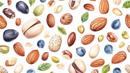 Watercolor painting set of nuts,pistachios,Almond,cashew nuts,hazelnut,Different types of nut isolated,food clipart,Macro concept of nuts and seeds,nut collection,space for text.