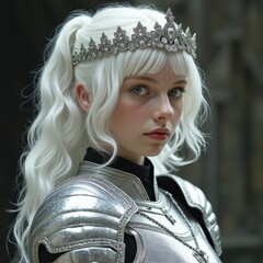 Crowned girl in knight's armor.