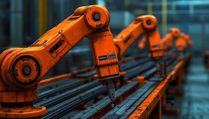 Fototapeta premium Close-up of industrial robotic arms in a manufacturing facility, showcasing advanced automation technology in production.