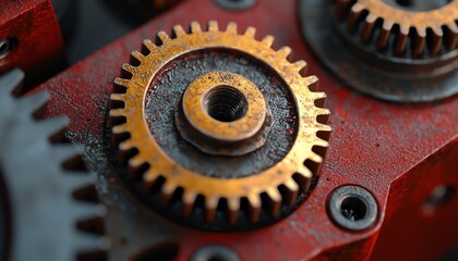 Close-up of metal gears with intricate teeth and a rusty surface, showcasing the mechanical details and engineering precision.