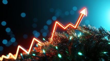 A vibrant upward arrow graph on a Christmas tree with glowing lights, symbolizing growth and success during the holiday season.