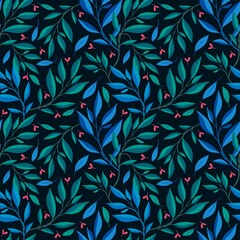 Seamless Leaves, Branches and Buds Pattern on a Dark Background. Botanical Natural Textures for Fabric, Wallpaper, Packaging and Eco Design