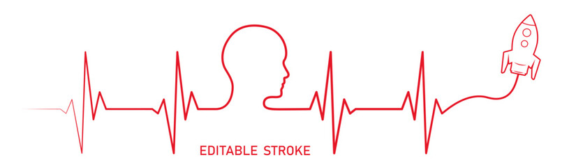 Editable red line, human people head, spaceship rocket line art vector. Heart rhythm ekg vector design to use for healthy lifestyle, diet, weight loss strategy concept illustration projects. 