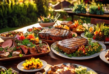 colorful dynamic plate arrangement featuring vibrant succulent meat selections summery banquets cookouts, appetizer, barbecue, catering, charcuterie