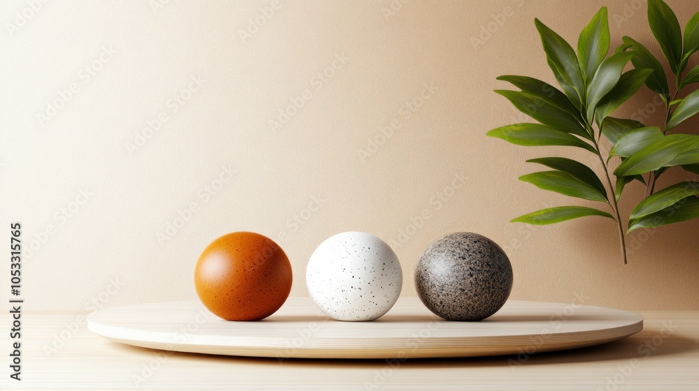 Poster a minimalist display of textured spheres on a wooden base surrounded by greenery for a modern aesthe