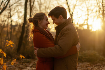 Fototapeta premium A young couple embraces tenderly in an autumn forest, surrounded by golden leaves. The atmosphere exudes warmth and romance, capturing a moment of seasonal love and connection.