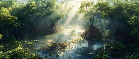 Obraz premium A serene mangrove forest with sunlight filtering through lush green leaves, illuminating the tranquil waters and intricate root systems of the trees.