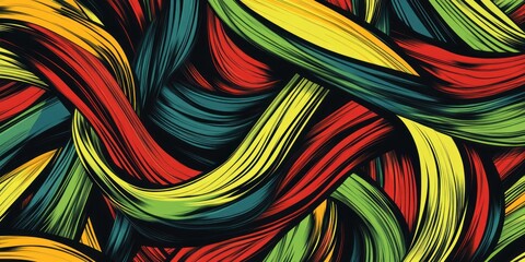 A vibrant abstract design featuring intertwining colorful strands in red, green, yellow, and black.