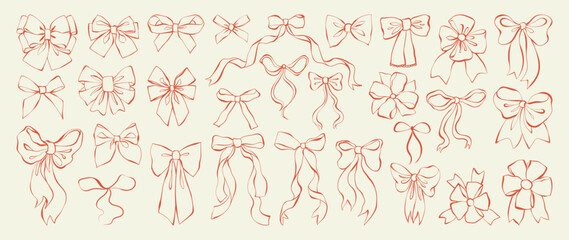 Obraz premium Set of bows and ribbons. Outline decorative sketches holiday bows for gifts, surprise, or hair decor. Line art hand-drawn vector illustration for Christmas, Valentine Day, birthday cards, invitations.