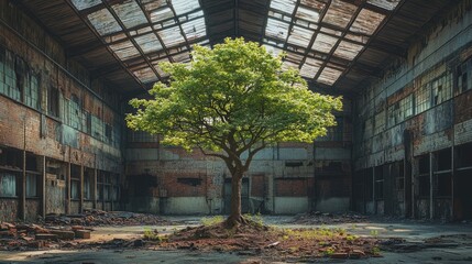 Naklejka premium Life Emerging from Ruins: A Tree Grows Inside an Abandoned Factory
