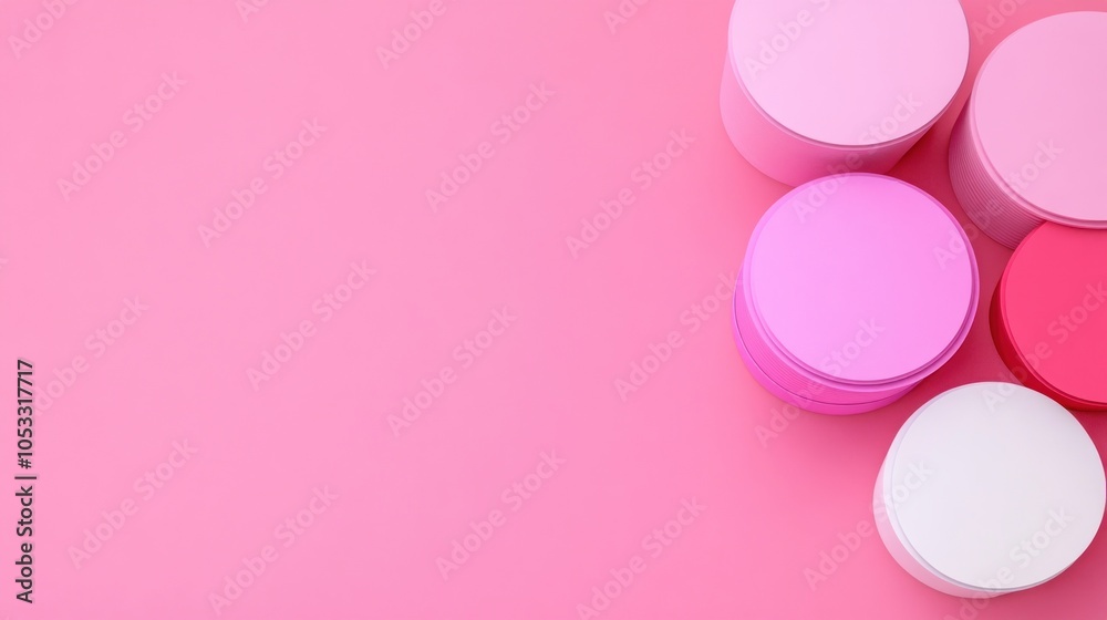 Poster aesthetic arrangement of colorful circular containers on a soft pink background for creative inspira