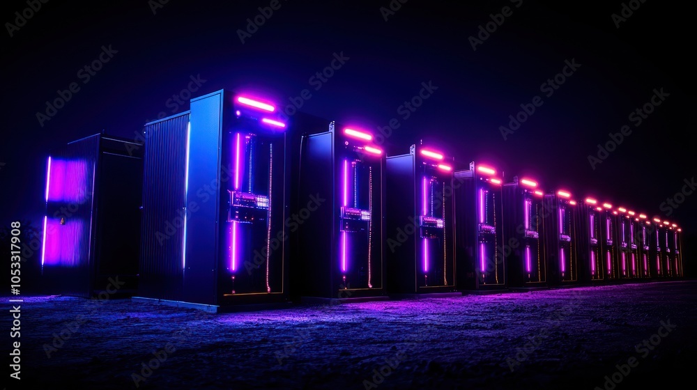 Poster vibrant neon-illuminated server racks in a dark industrial setting showcasing modern technology and 
