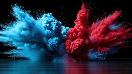 Bright and bold powder burst in blue and red colors creates stunning visual effect against black background, showcasing dynamic movement and energy
