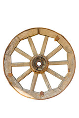 Obraz premium Old wooden wheel isolate. Old wooden cart wheel on empty background isolate