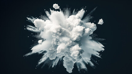 bright and vibrant explosion of white powder against dark background creates stunning visual impact. dynamic movement and texture evoke sense of energy and creativity
