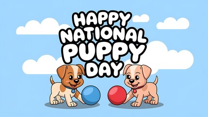 Fototapeta premium Two Cartoon Puppies Playing With Balls on National Puppy Day
