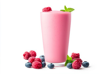 A strawberry, mango, raspberry and blueberry smoothie in glass with fresh fruit garnish, isolated on white background.