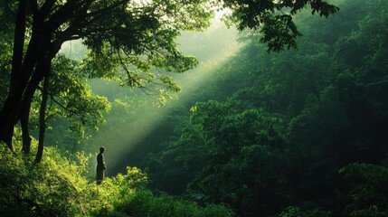 A tranquil forest, with a lone birdwatcher observing wildlife