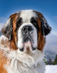 Portrait of a St. Bernard on the snow in winter.