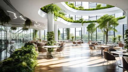 Biophilic design with indoor green spaces and natural light in a modern office building