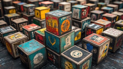 Obraz premium A vibrant collection of vintage stacked blocks showcasing unique designs and artistic expressions