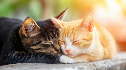 Two cats peacefully napping together in warm sunlight, AI