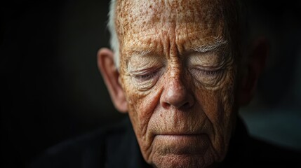 An elderly man sits with his eyes closed, lost in thought, illuminated by gentle natural light, evoking a sense of peace and introspection in a tranquil setting.