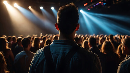 Back View of the crowd enjoying the concert with colorful lights background