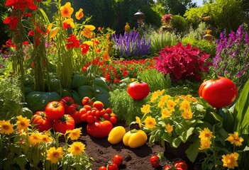 Fototapeta premium whimsical garden setting floating vegetables amidst vibrant flora lush greenery, carrots, tomatoes, peppers, lettuce, cucumbers, herbs, organic, fresh
