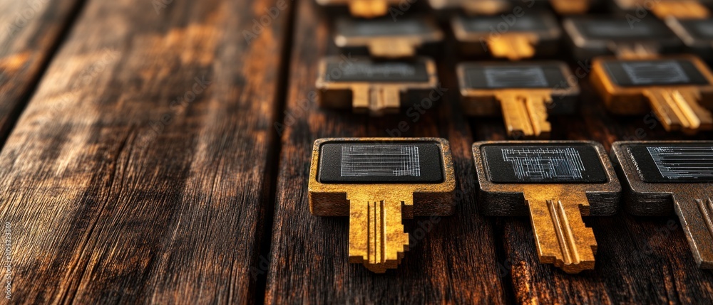 Poster Exploring the intricacies of key design a close-up of unique keys on a rustic wooden surface
