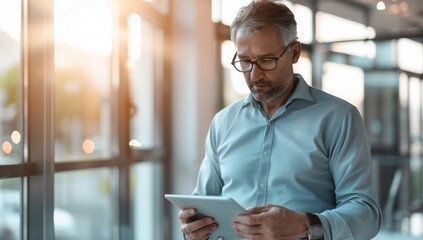 Middle-aged man, businessman worker in business casual attire, holding an iPad, computer tablet and standing against the glass wall of his modern office building during the golden hour.