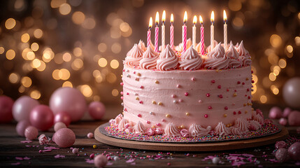 A beautifully decorated birthday cake with candles and pink confetti, ideal for birthday parties, invitations, and celebration designs.