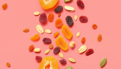 A colorful assortment of dried fruits and seeds scattered over a pink background, highlighting natural snacks and healthy eating.