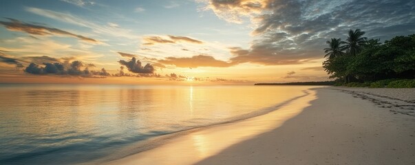 Serene beach at sunset with calm waters and lush greenery.