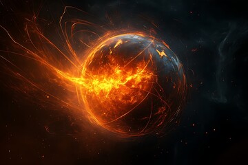 Fototapeta premium Illustration of the Earth’s Magnetic Field with Blue Lines Swirling Around an Orange Sun, Set Against a Black Background to Highlight Solar Influence and Planetary Characteristics.