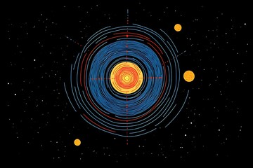 Illustration of the Earth’s Magnetic Field with Blue Lines Swirling Around an Orange Sun, Set Against a Black Background to Highlight Solar Influence and Planetary Characteristics.