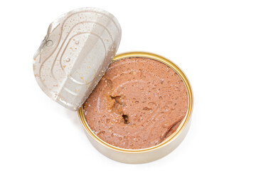 Opened Tin Can with Chicken Liver Pate Isolated on White Background. Open Canned Pate - Isolation