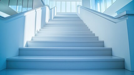 Fototapeta premium A modern, white staircase in a building, with a large window at the top.