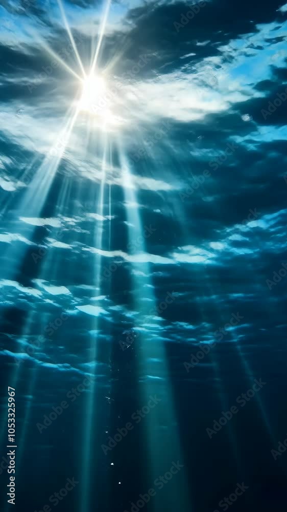 Poster sunlight rays underwater, serene ocean view. nature and tranquility concept