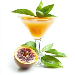 Passion Fruit Martini with Fresh Passion Fruit on White Background.