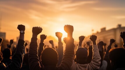 Fototapeta premium Group of people in silhouette participating in a public demonstration or protest, with raised fists and signs against a clear sky.
