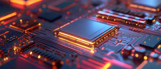 Obraz premium Detailed futuristic chip mobile technology design with intricate circuitry, glowing light elements and advanced microprocessors