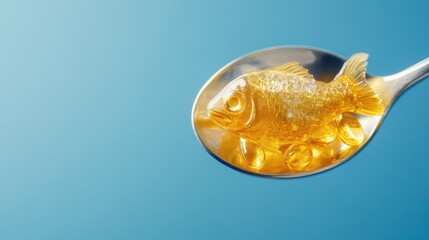 Spoon with Fish-Shaped Cod Liver Oil on Blue Background
