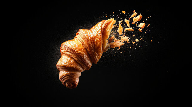 Croissant Explosion: A crispy, golden croissant explodes in a shower of flaky crumbs against a dramatic black background. The image captures the essence of a freshly baked pastry.