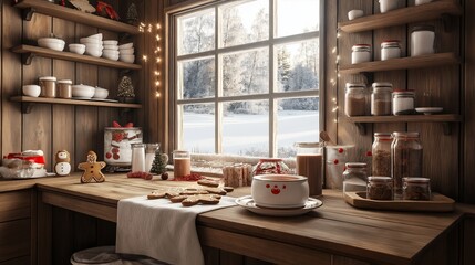 Fototapeta premium A rustic kitchen with holiday decorations, featuring a wooden table set with hot cocoa and gingerbread cookies.