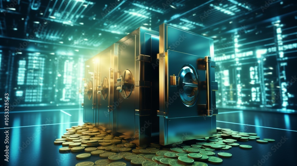 Aufkleber security in cash and currency transactions shown with secure vaults and digital protection icons